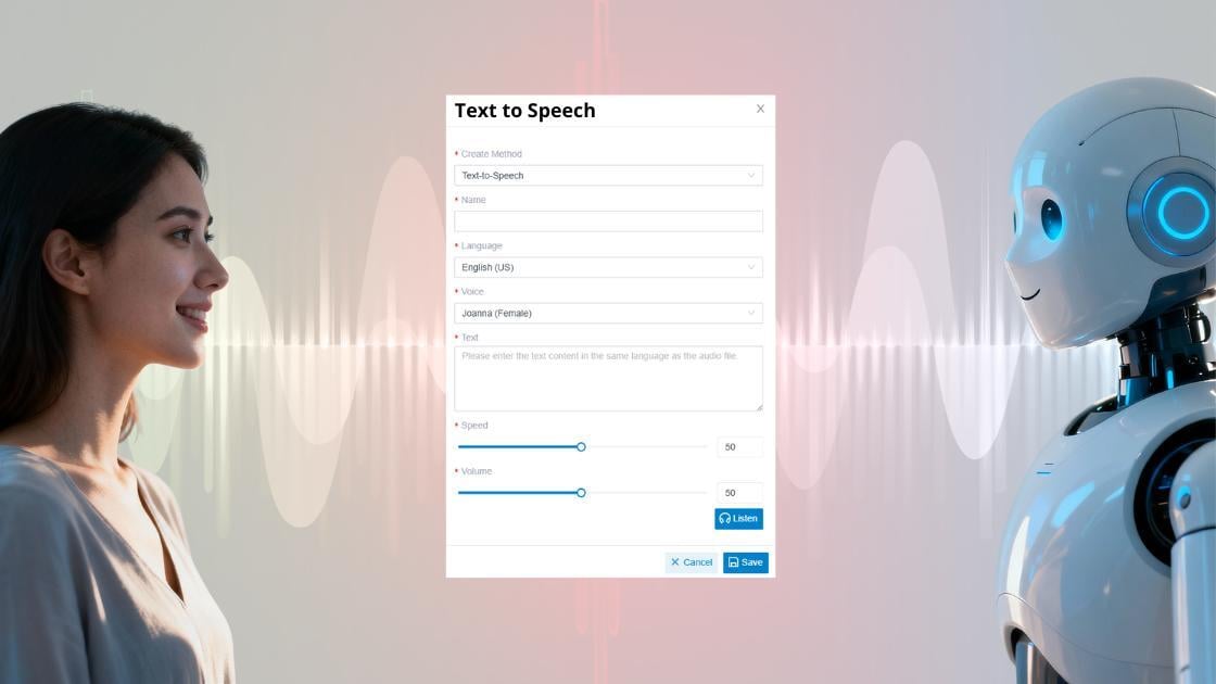 Interface de PABX em nuvem com conversão de texto em fala, exibindo opções de personalização de voz, incluindo seleção de idioma, escolha de voz, controles de velocidade e volume, com uma mulher profissional e uma assistente de IA demonstrando a tecnologia de síntese de voz.