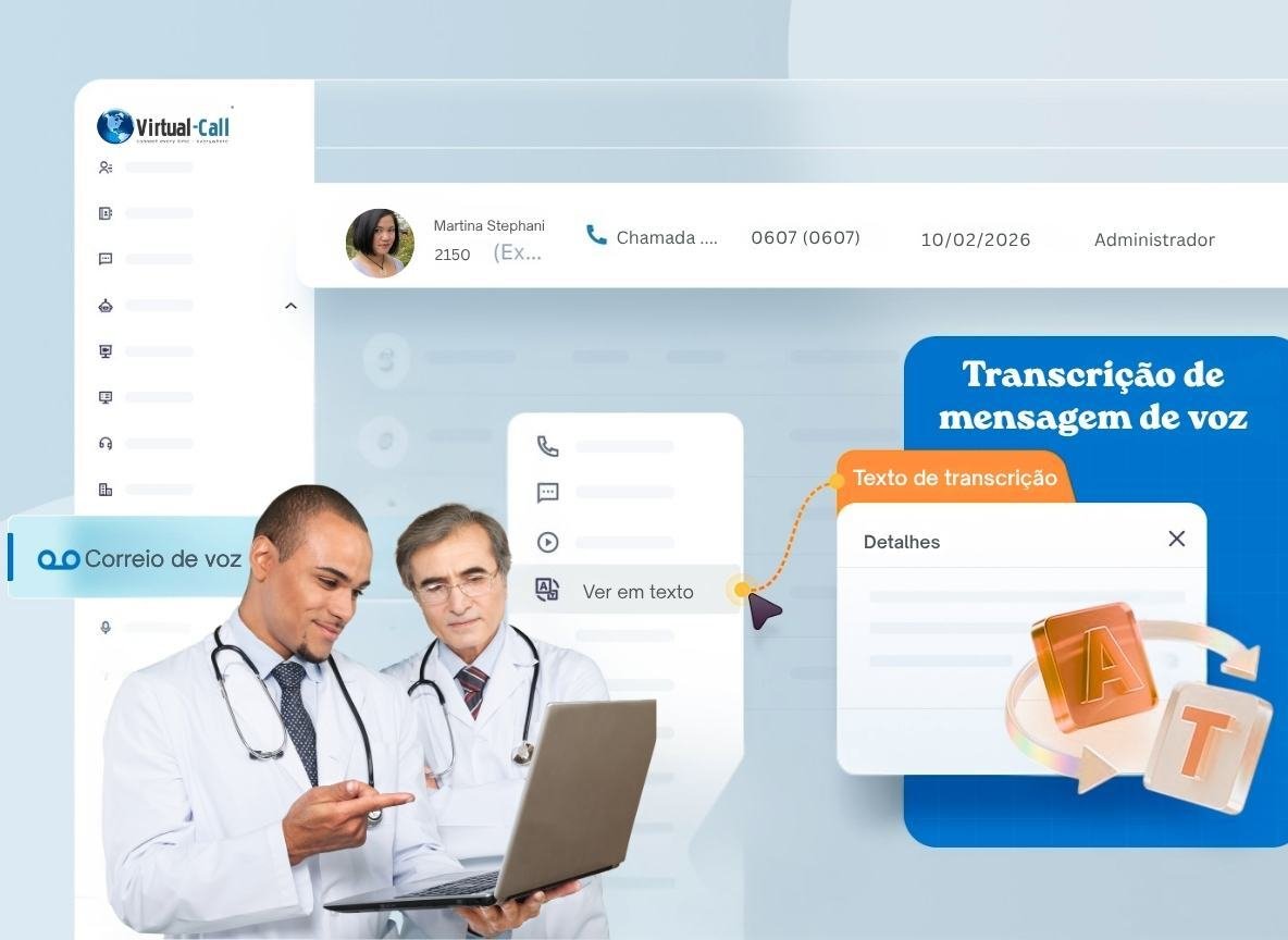 Interface do PABX em nuvem Virtual-Call com opção "Ver em texto" ativada para transcrição de voicemail