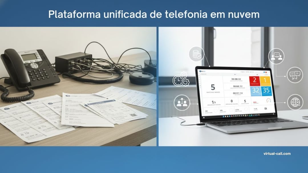 Comparativo entre telefonia fragmentada com múltiplas faturas e plataforma Cloud PABX unificada com dashboard de gestão centralizado