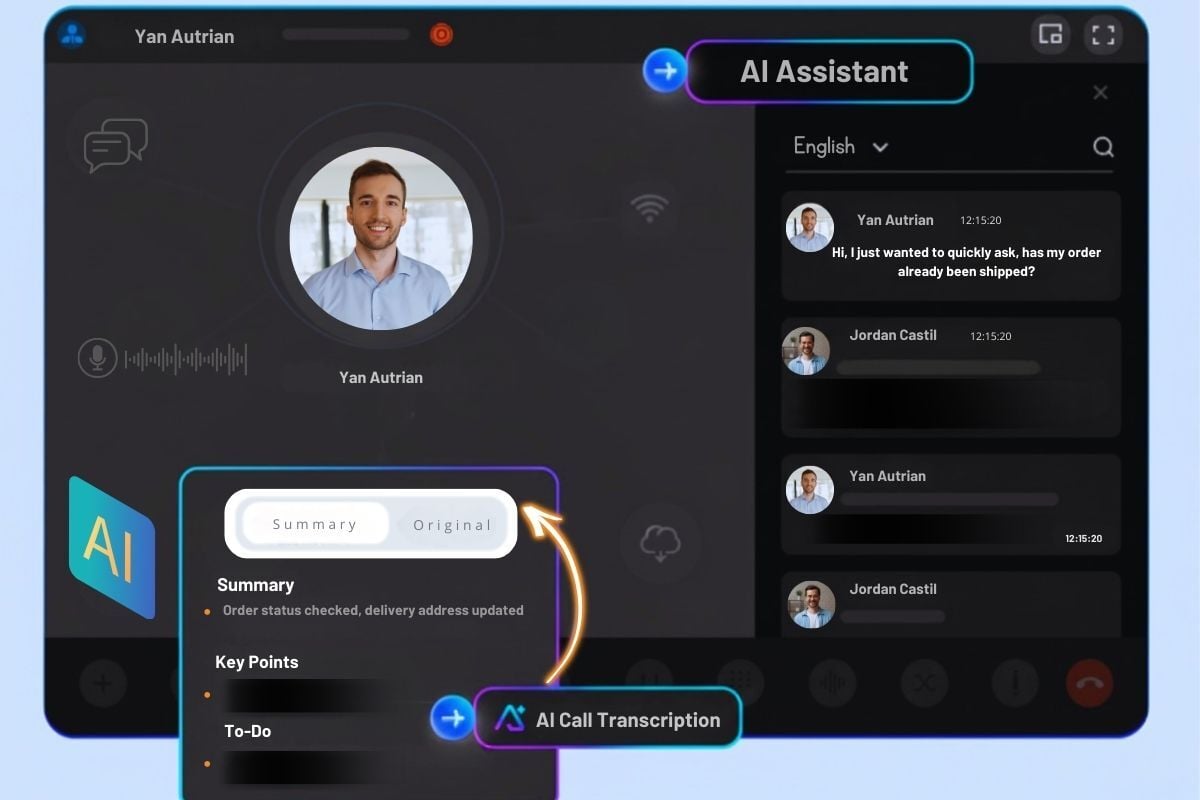 Virtual-Call Cloud PBX AI Assistant showing real-time call transcription interface with automatic summary, key points, and to-do extraction during business call