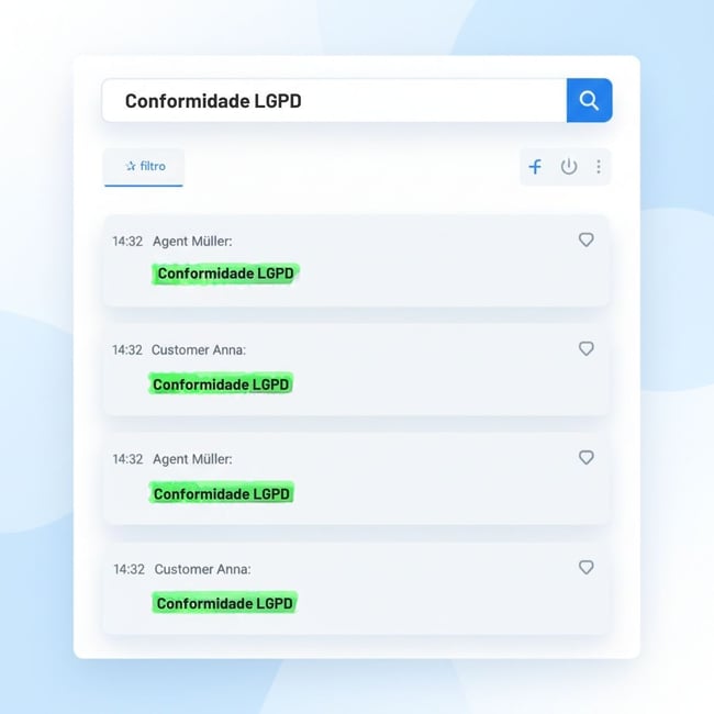 Interface de busca de transcrição de chamadas Virtual-Call mostrando palavra-chave conformidade LGPD instantaneamente destacada em múltiplas transcrições de conversas com timestamps e identificação de interlocutores