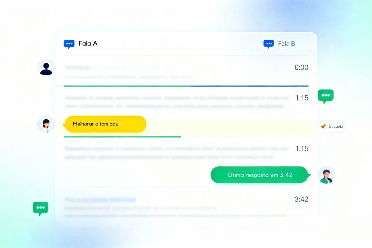 Interface de transcrição de chamadas Virtual-Call mostrando feedback de controle de qualidade com notas de coaching com timestamp destacando momentos específicos para melhoria de desempenho e reforço positivo
