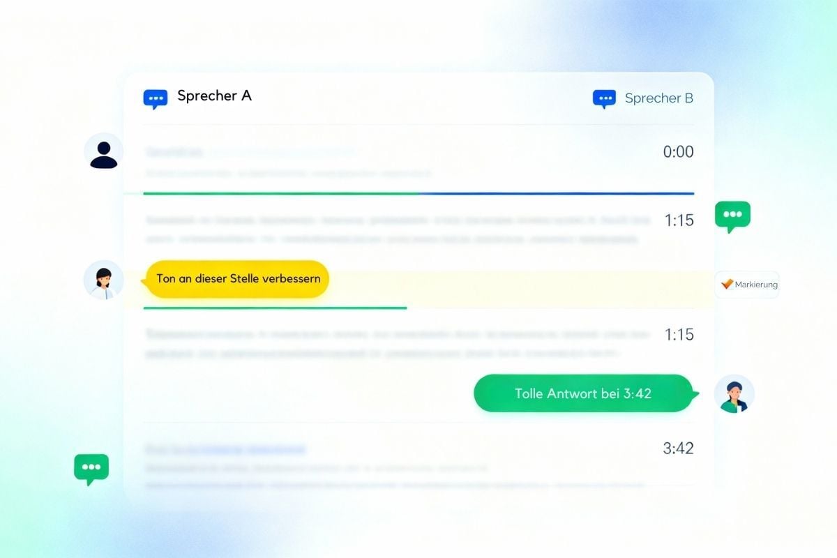 Virtual-Call Anruftranskript-Interface zeigt Qualitätssicherungs-Feedback mit zeitgestempelten Coaching-Notizen, die spezifische Momente für Leistungsverbesserung und positive Verstärkung hervorheben