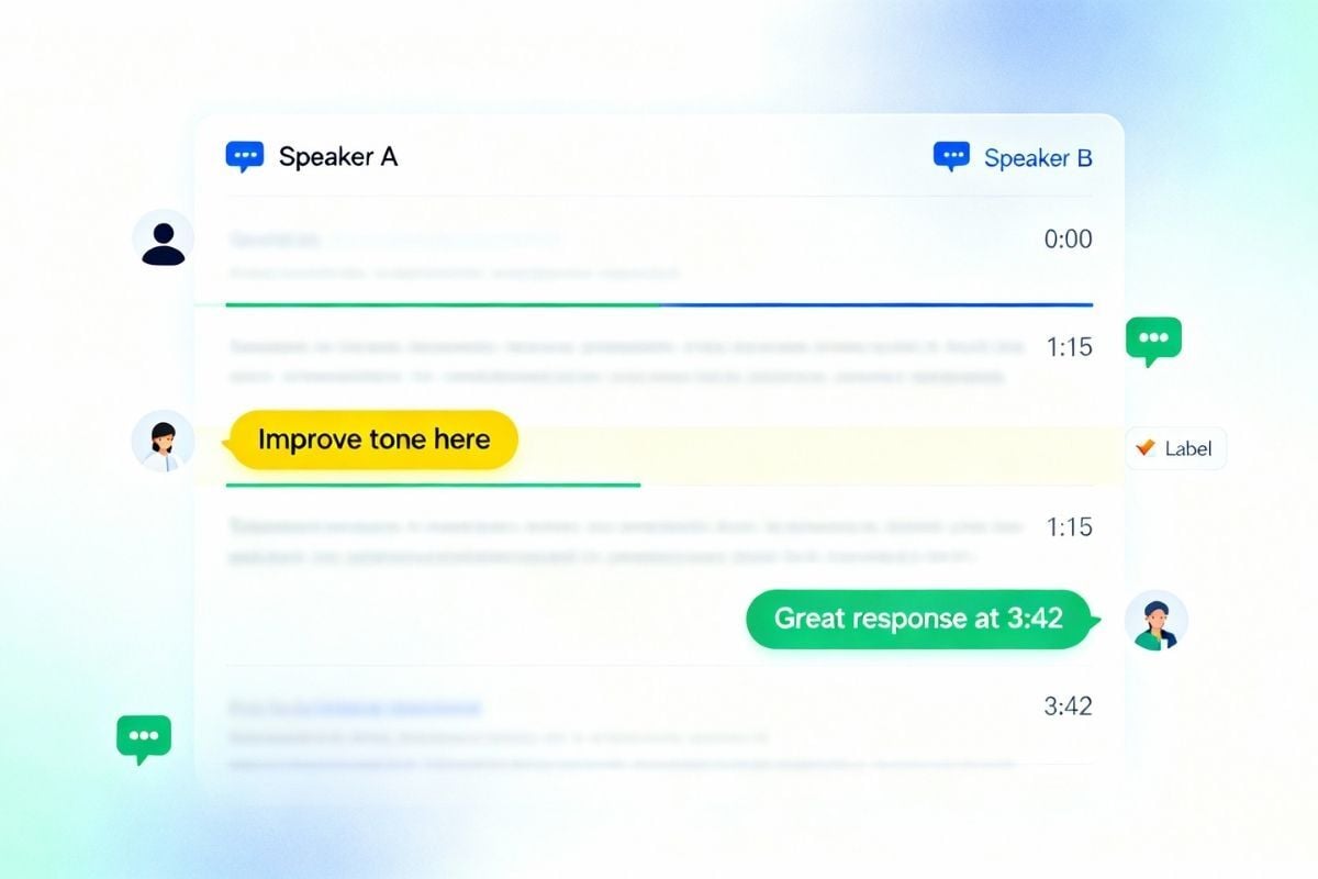 Virtual-Call call transcript interface showing quality assurance feedback with timestamped coaching notes highlighting specific moments for performance improvement and positive reinforcement