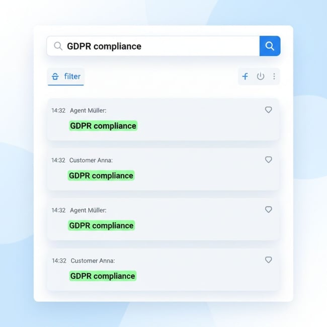 Virtual-Call call transcription search interface showing GDPR compliance keyword instantly highlighted across multiple conversation transcripts with timestamps and speaker identification