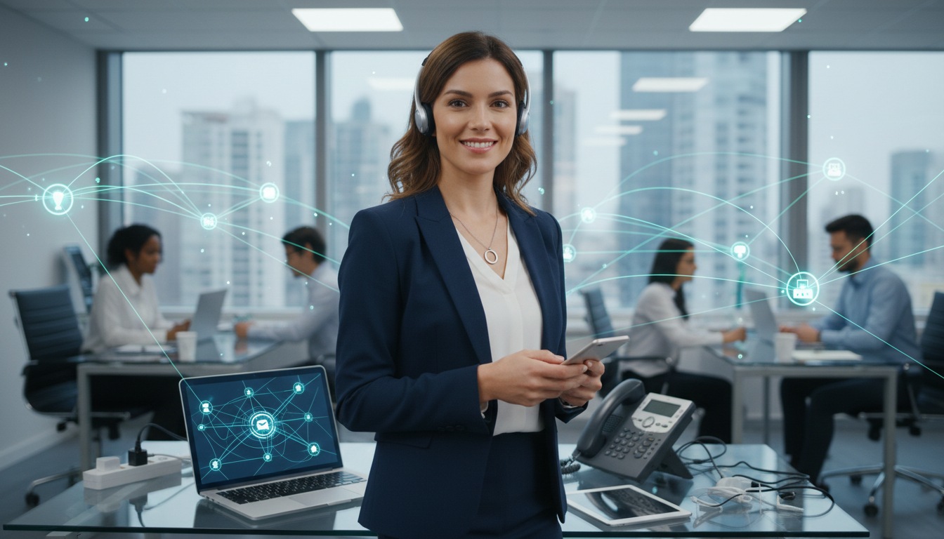 Female executive wearing a navy blue blazer holding a tablet in a modern corporate office with large windows, collaborative team working at desks in the background